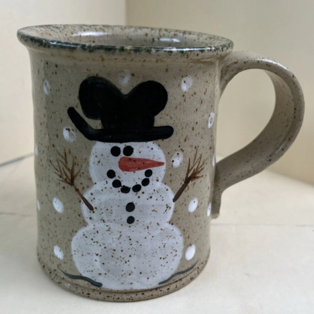Three Rivers Pottery 1992 Snowman Mug Hand Painted Signed Michelle